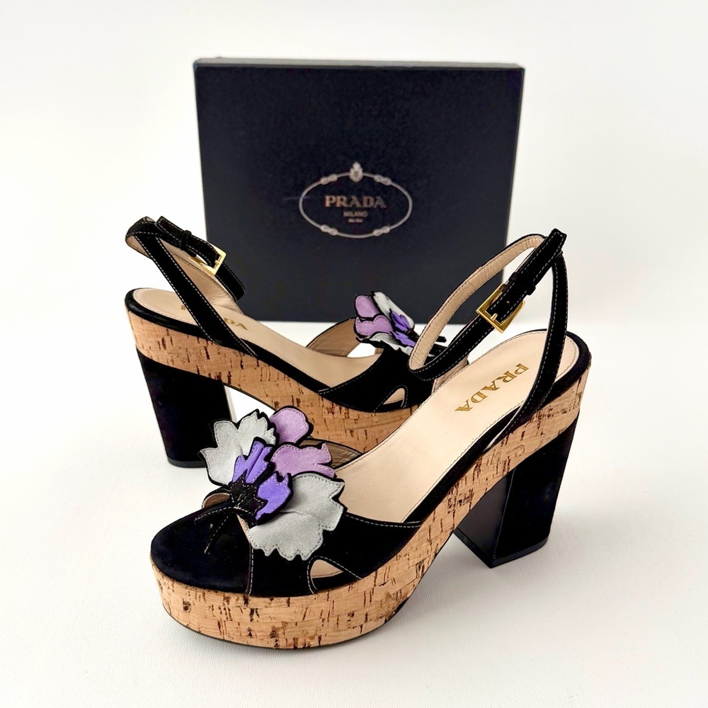 PRADA | Cork Platform Sandals Floral Suede Slingback Heels EU 38.5